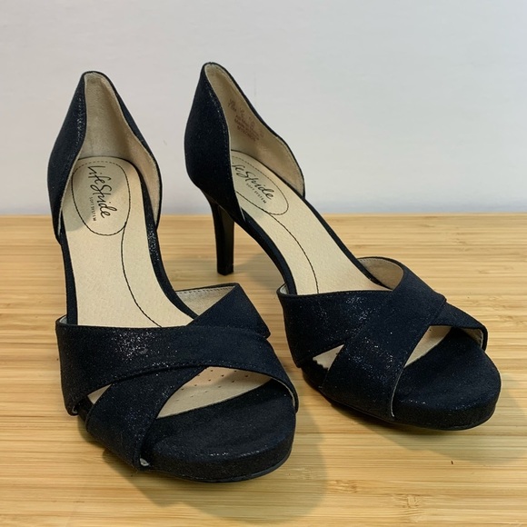 Life Stride 7.5 Black Glitter MYKONOS Flex Soft System Pump Heels - Picture 1 of 8